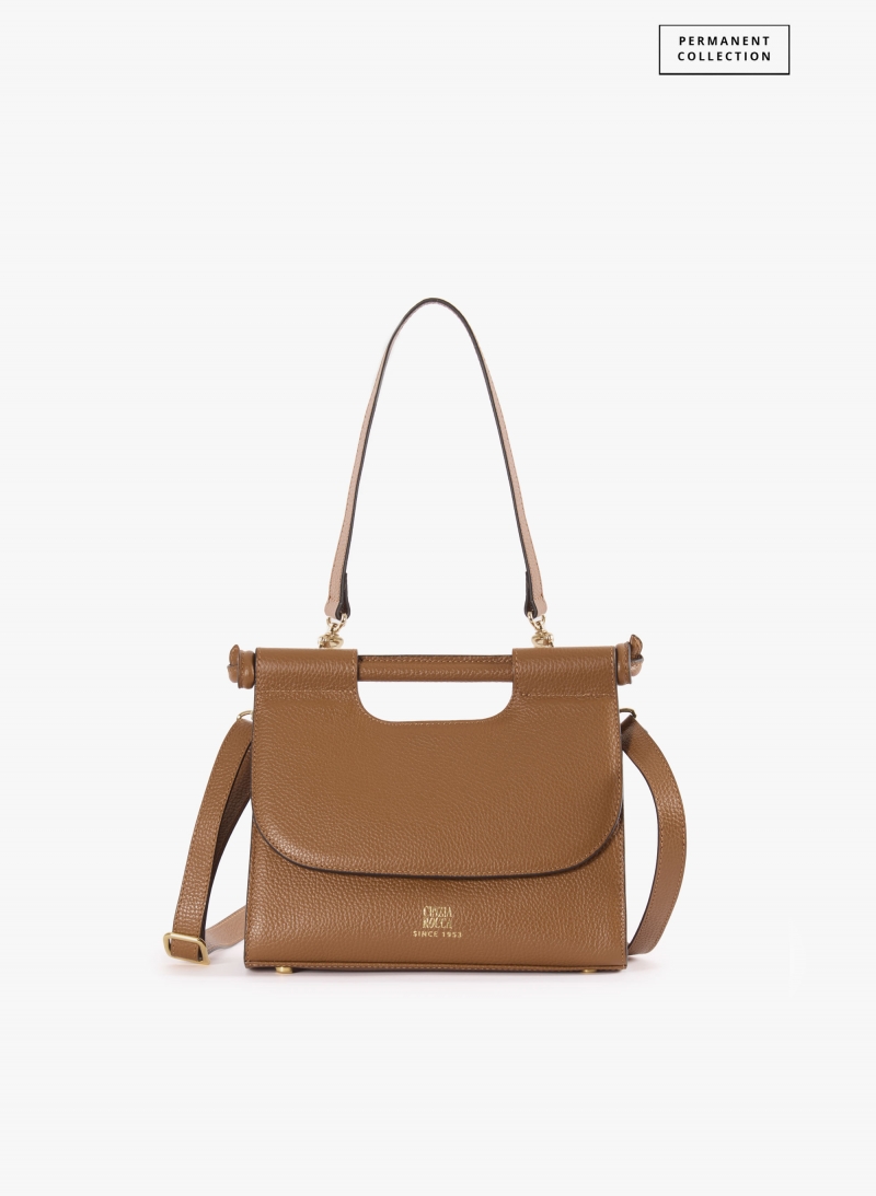 Tobacco colour leather shoulder bag with integrated handle and strap