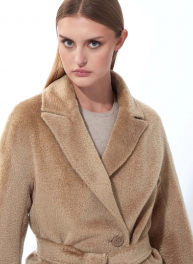 Maxi belted camel alpaca and wool wrap coat