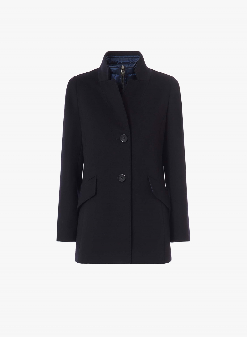 Short blue pure wool coat with detachable nylon bib