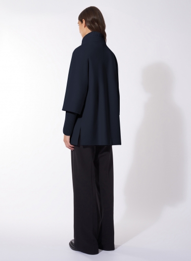 Short oversized blue pure wool coat with knitted details