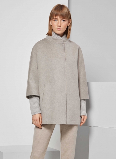 Short oversized beige pure wool coat with knitted details