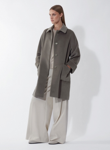 Oversized dark taupe pure wool coat with shirt collar
