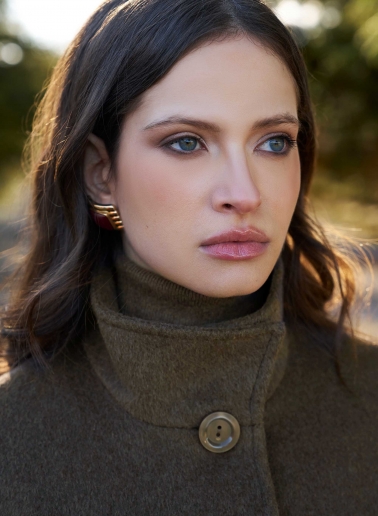 Short flared dark taupe wool coat with high collar