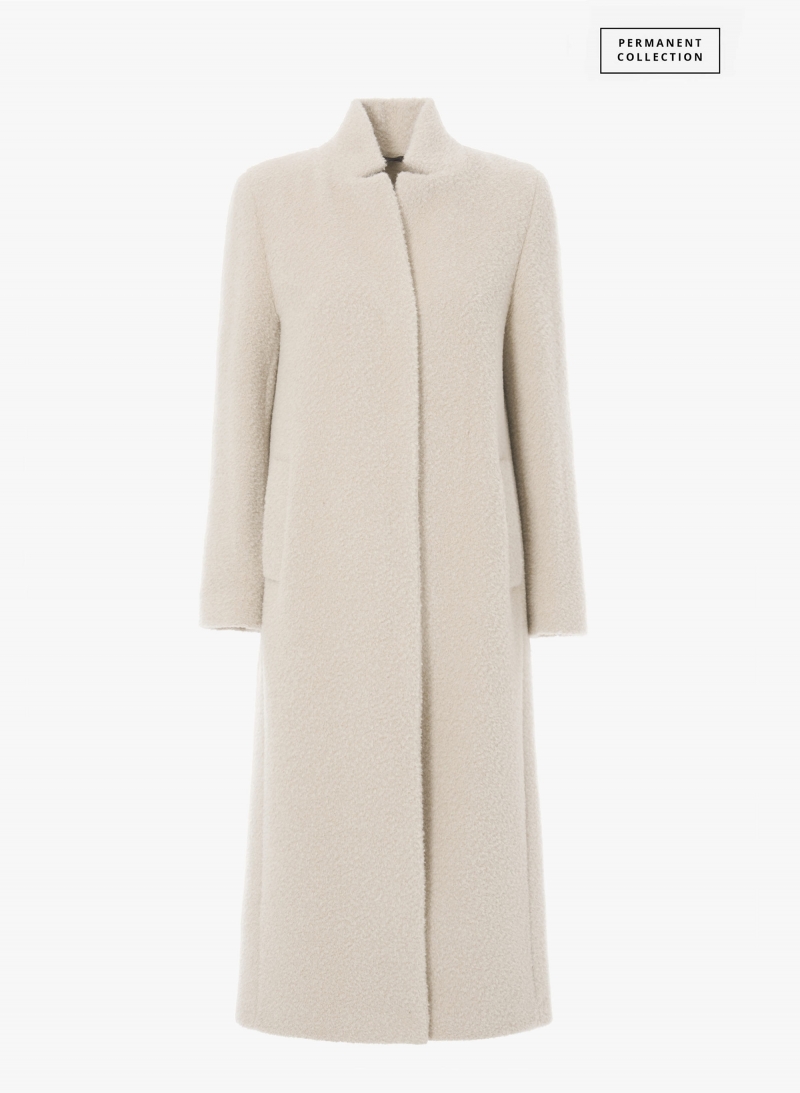 Maxi beige wool and alpaca coat with inverted notch collar