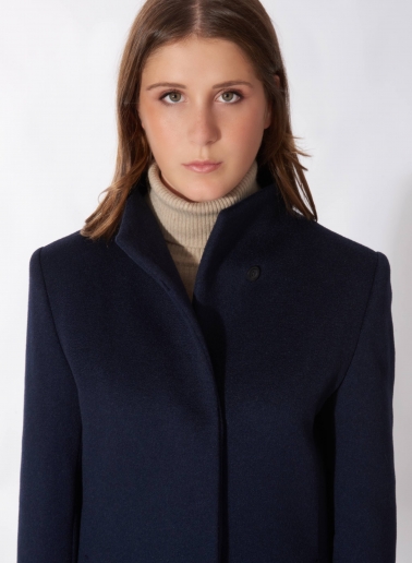 Blue pure cashmere coat with high stand up collar