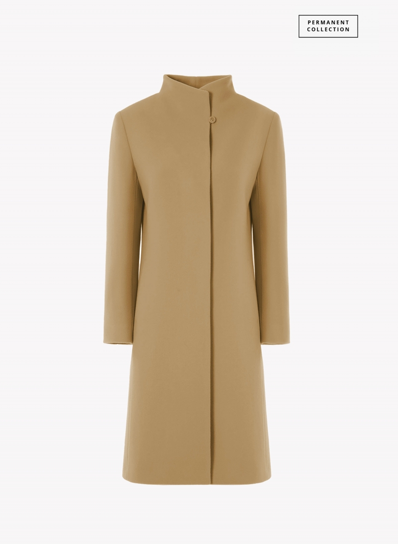 Camel pure cashmere coat with high stand up collar