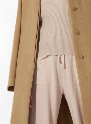 Camel pure cashmere coat with high stand up collar