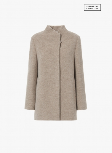 Short beige wool and alpaca coat with high stand up collar