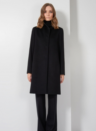 Flared black pure cashmere coat with high stand up collar
