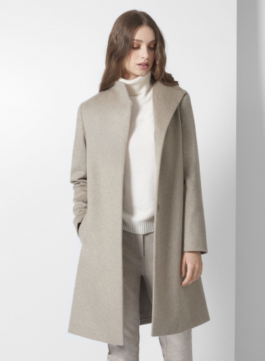 Flared dark beige pure cashmere coat with high stand up collar