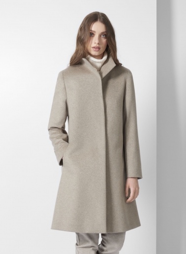 Flared dark beige pure cashmere coat with high stand up collar