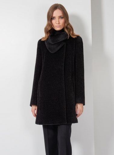 Short flared black wool and alpaca coat with crossover collar