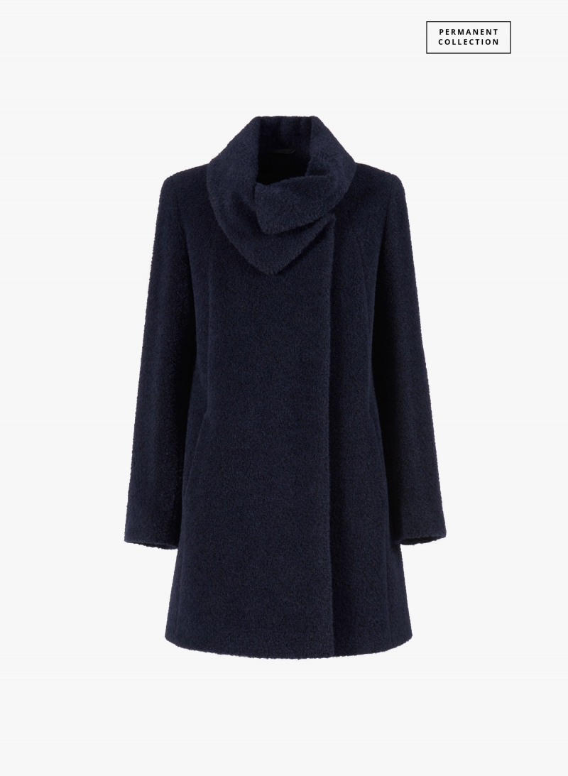 Short flared blue wool and alpaca coat with crossover collar