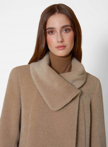 Short flared dark beige wool and alpaca coat with crossover collar