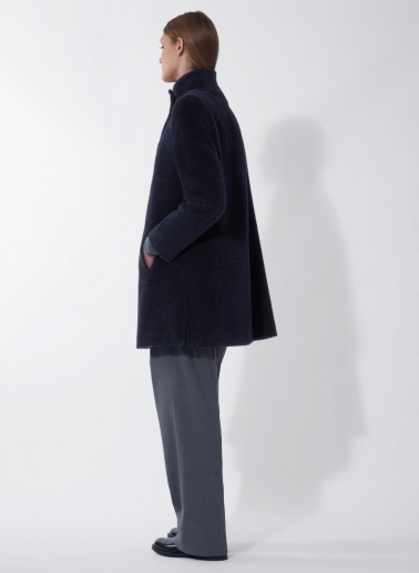 Short flared blue wool and alpaca coat with side vents
