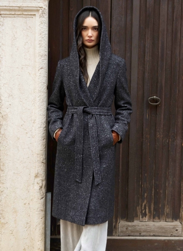 Black belted coat in lurex micro pattern with hood