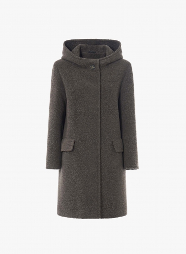 Dark taupe wool parka with faux fur texture