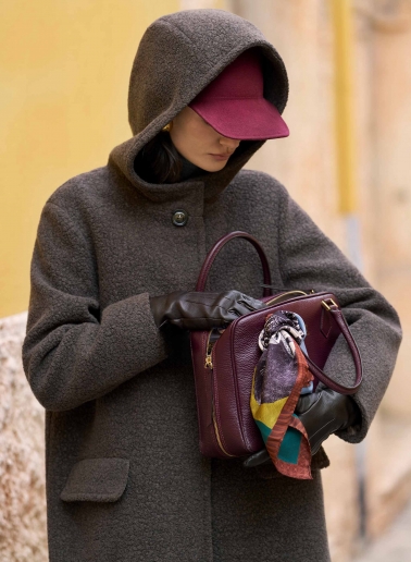 Dark taupe wool parka with faux fur texture