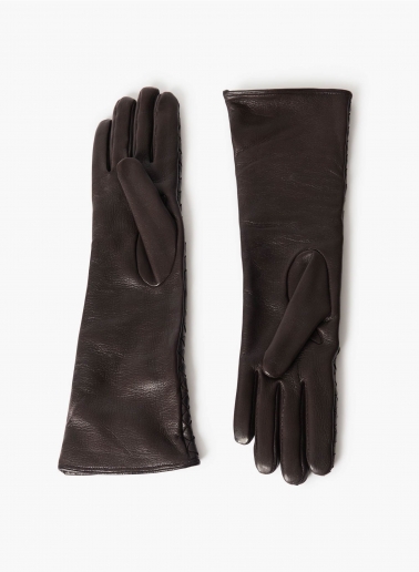 Long brown nappa leather gloves with woven design