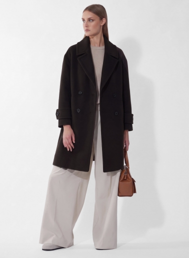 Brown double breasted pure wool coat with maxi notch collar
