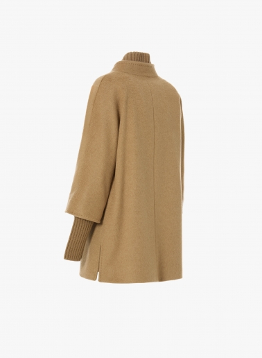 Short camel oversized camel wool coat with knitted details
