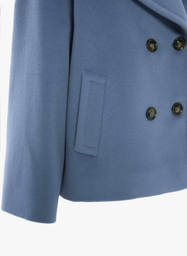 Short oversized light blue coat in pure wool with maxi notch collar