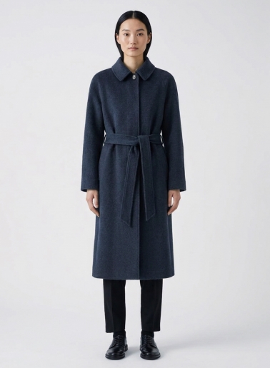 Blue wool belted coat with shirt collar