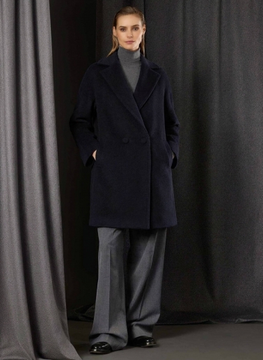 Blue double breasted coat in alpaca and wool