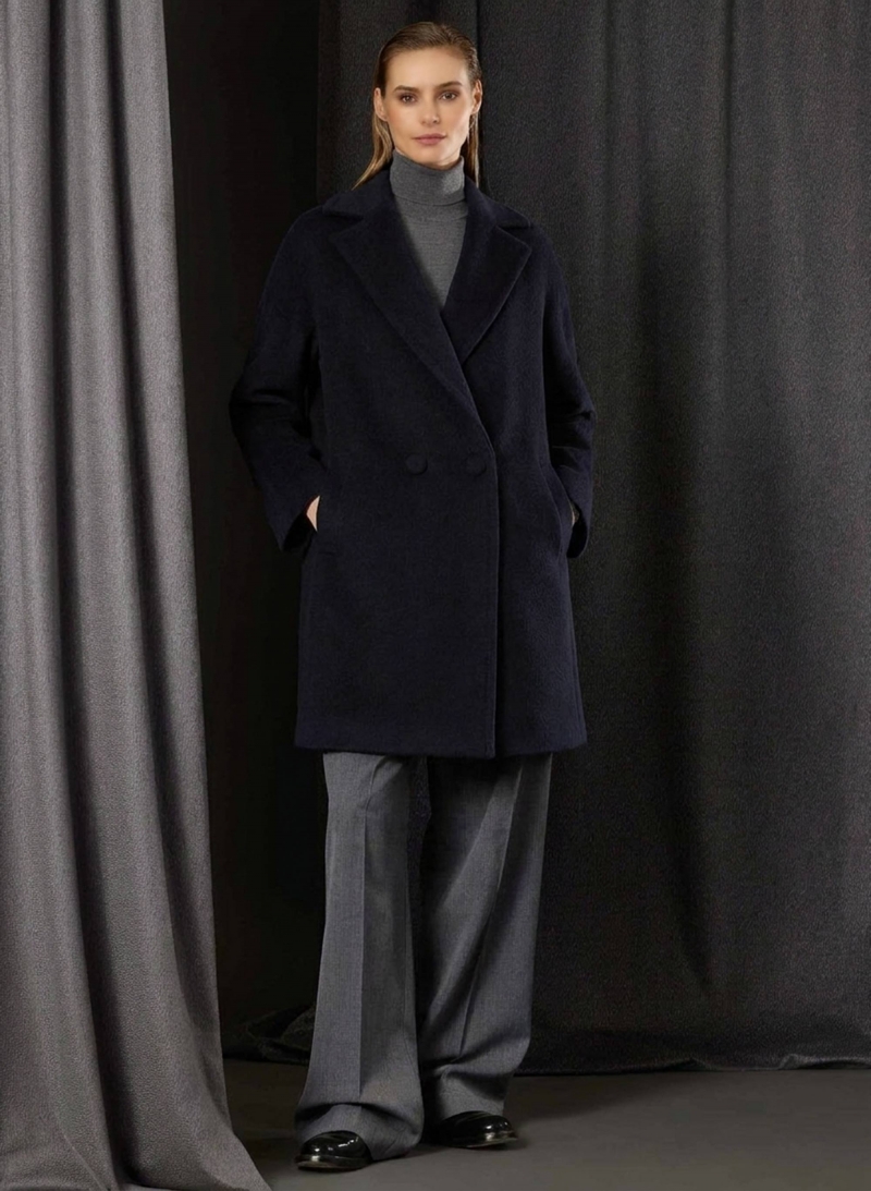 Blue double breasted coat in alpaca and wool