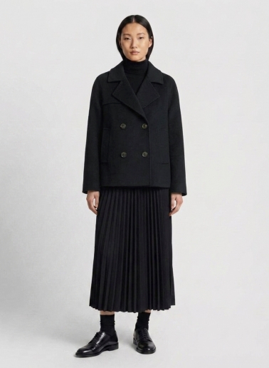 Black pure wool short coat with shirt collar and trench style flap