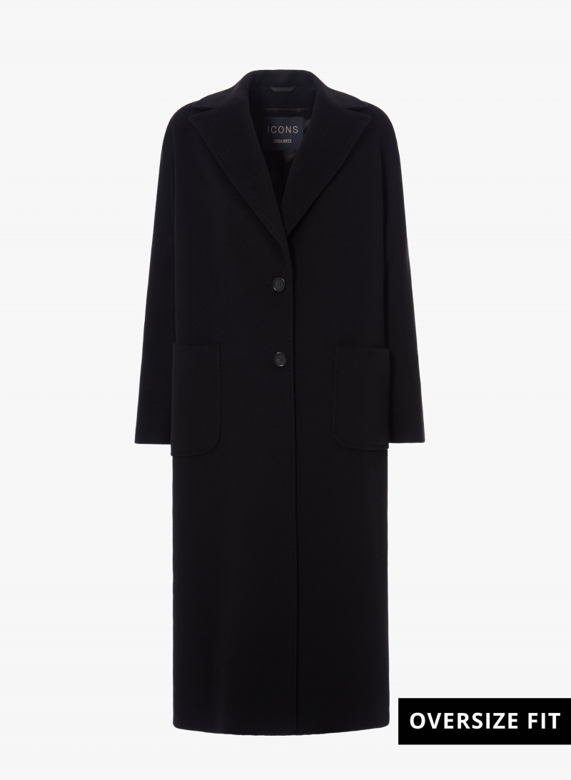 Maxi oversized black wool coat with patch pockets
