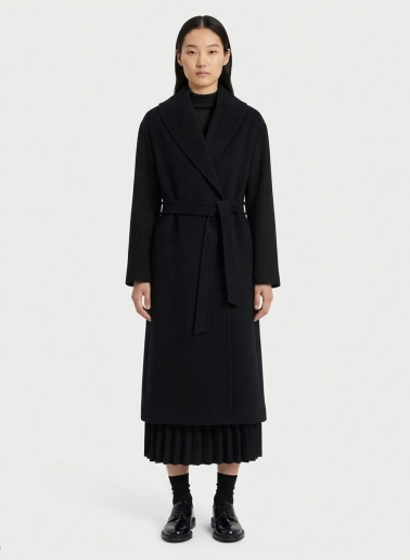 Maxi black pure cashmere coat with belt and shawl collar