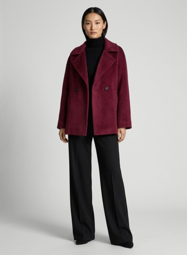 Burgundy alpaca and wool short coat with maxi dual use notch collar
