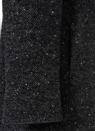 Short black coat with lurex micro pattern and high stand up collar