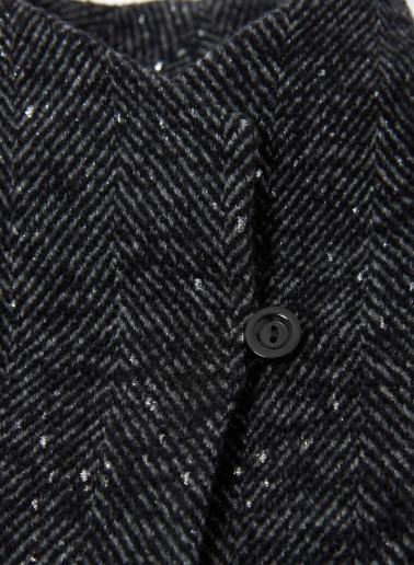 Short black coat with lurex micro pattern and high stand up collar