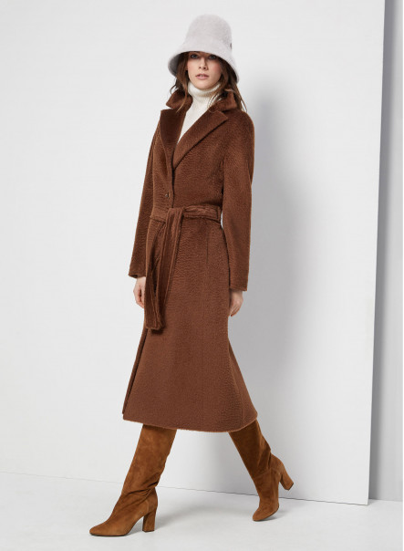 Long belted coat in alpaca and wool 
