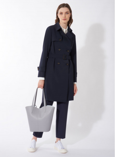 Satin tech double breasted blue trench coat
