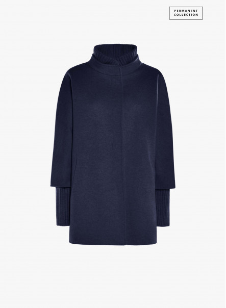 Short blue wool coat with knit details