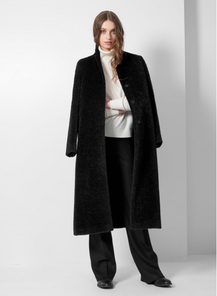 Long black wool and alpaca coat with inverted notch collar
