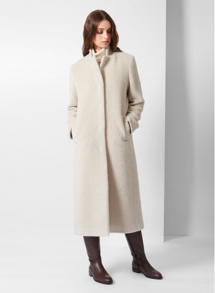 Long beige wool and alpaca coat with inverted notch collar