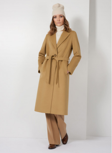 Camel color wool belted coat with notch collar