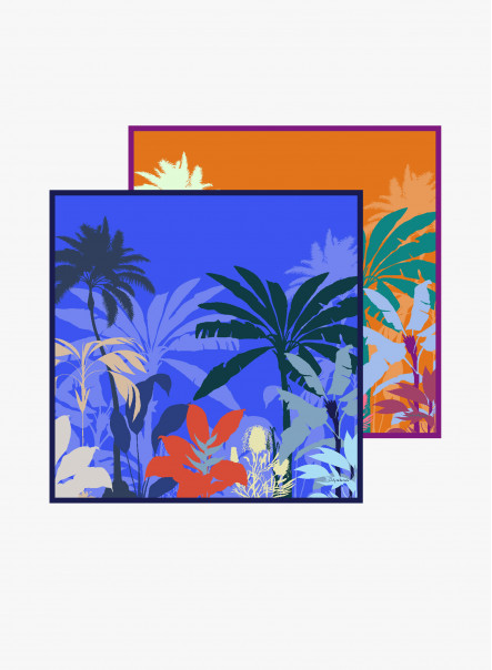 Double face blue twill silk scarf with tropical pattern
