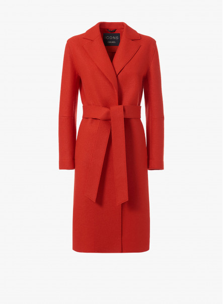 Belted coral color boiled wool overcoat