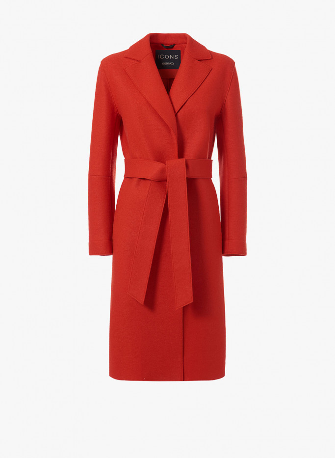 Belted coral color boiled wool overcoat