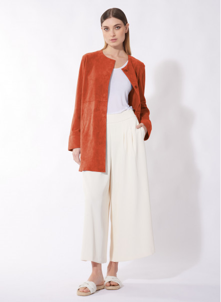 Collarless coral color suede overcoat