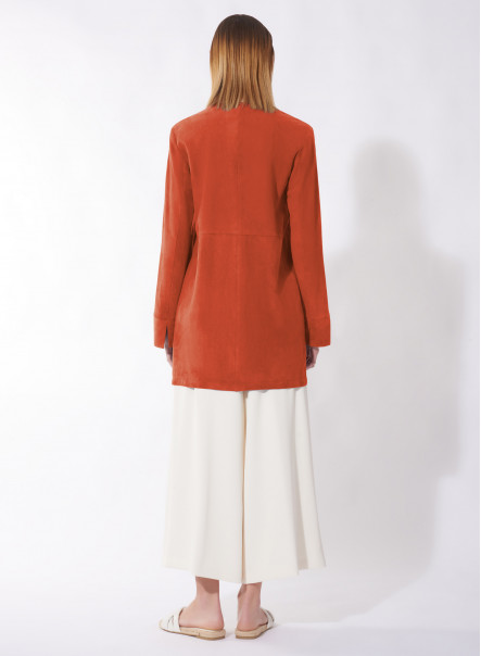 Collarless coral color suede overcoat
