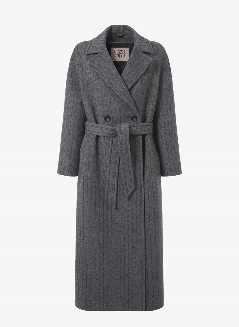 Maxi belted pinstripe wool grey coat