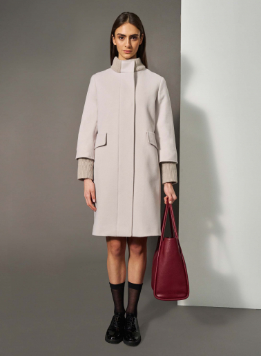 Grey light wool and cashmere coat with knitted inserts