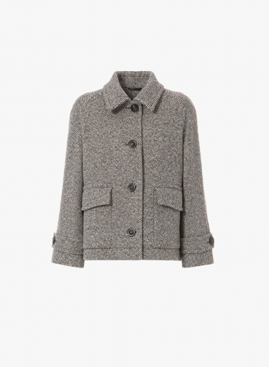 Short brown patterned wool coat with shirt collar and patch pockets