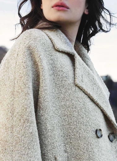 Beige double breasted cape in bouclé effect fabric